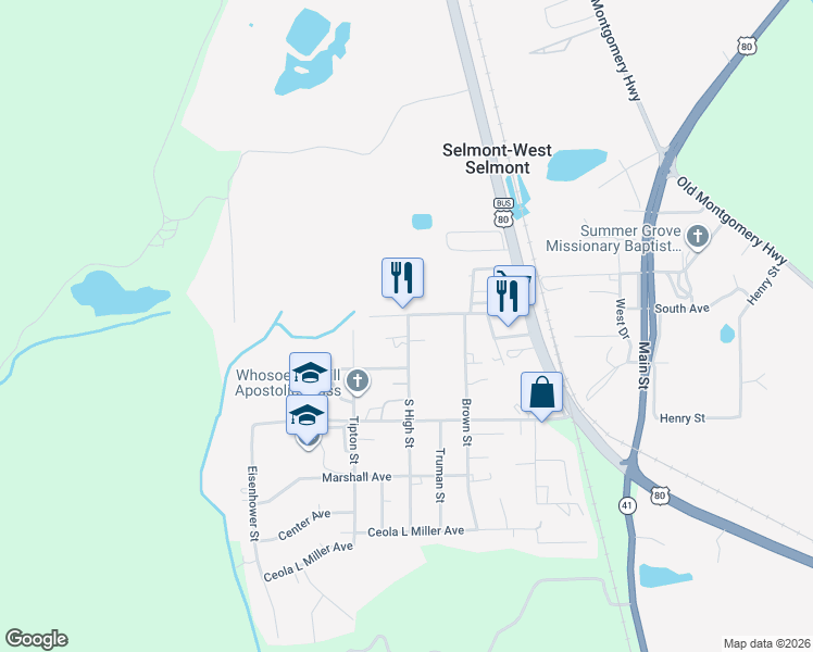 map of restaurants, bars, coffee shops, grocery stores, and more near 2308 South High Street in Selma