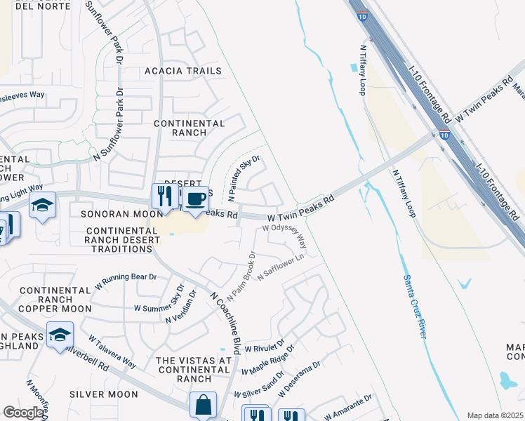 map of restaurants, bars, coffee shops, grocery stores, and more near 7265 West Mesquite River Drive in Tucson