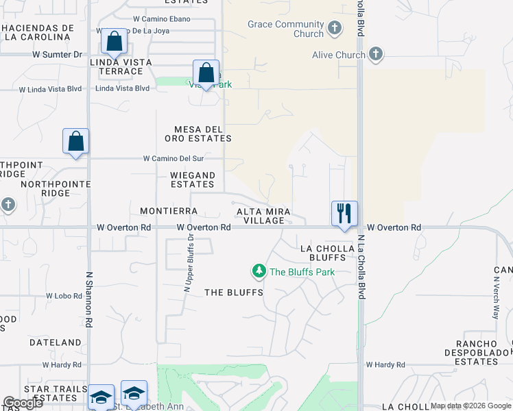 map of restaurants, bars, coffee shops, grocery stores, and more near 9260 North Fostoria Drive in Tucson