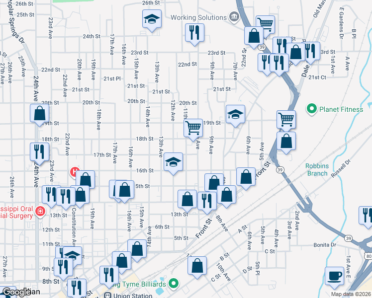 map of restaurants, bars, coffee shops, grocery stores, and more near 1010 17th Street in Meridian