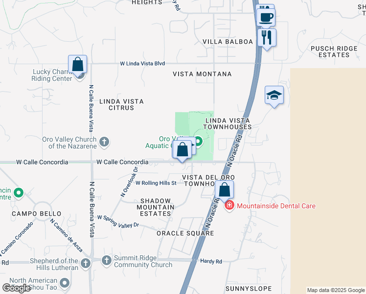 map of restaurants, bars, coffee shops, grocery stores, and more near 25 West Calle Concordia in Oro Valley