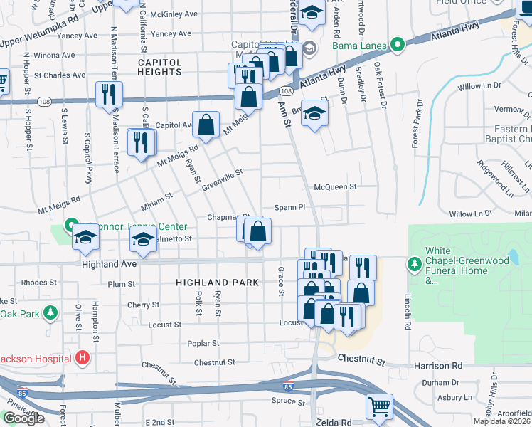 map of restaurants, bars, coffee shops, grocery stores, and more near 505 South Panama Street in Montgomery