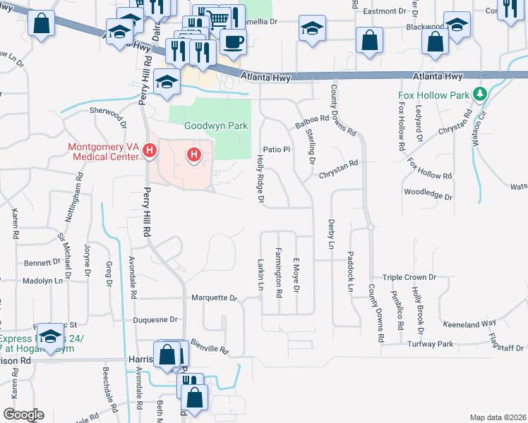 map of restaurants, bars, coffee shops, grocery stores, and more near 348 Holly Ridge Drive in Montgomery