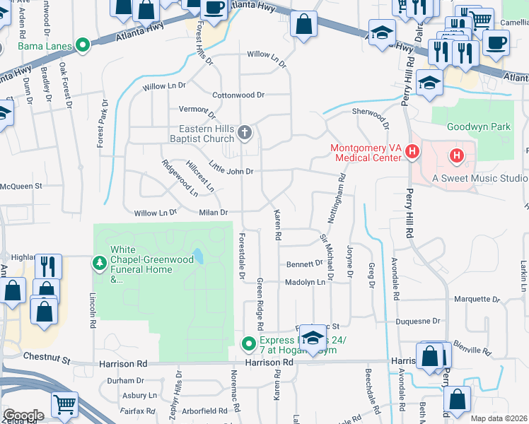 map of restaurants, bars, coffee shops, grocery stores, and more near 668 Karen Road in Montgomery