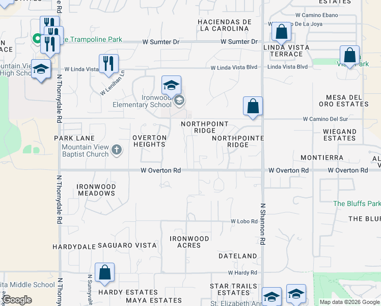 map of restaurants, bars, coffee shops, grocery stores, and more near 9271 North Moon View Place in Tucson