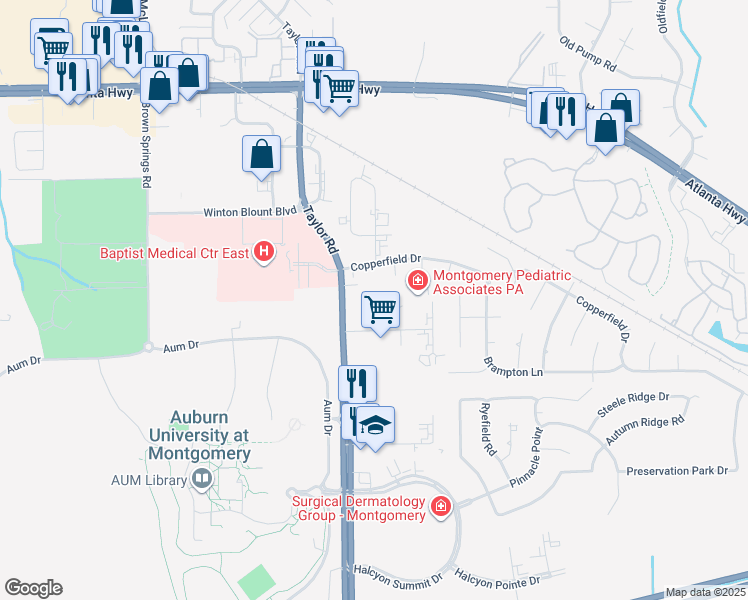 map of restaurants, bars, coffee shops, grocery stores, and more near 485 Taylor Road in Montgomery