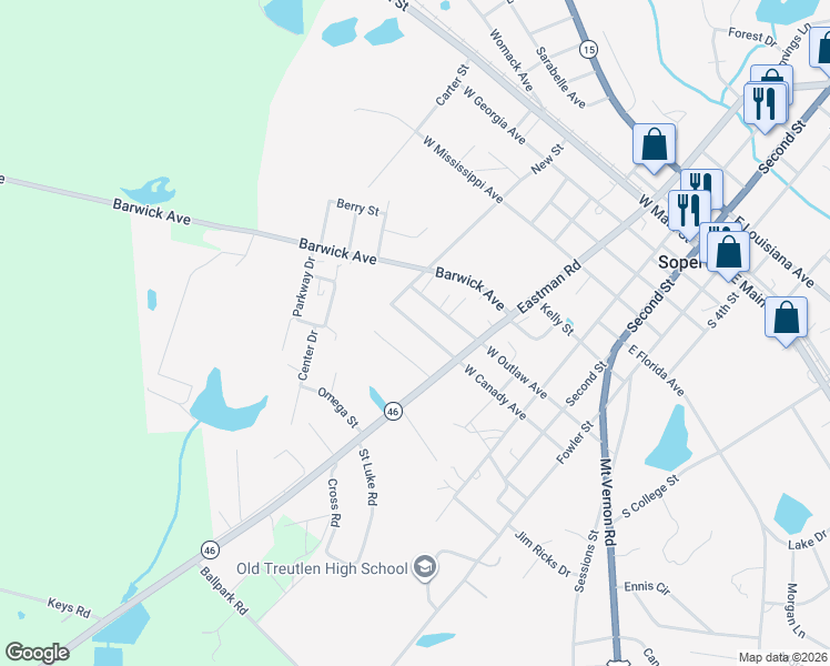 map of restaurants, bars, coffee shops, grocery stores, and more near 1451 West Canady Avenue in Soperton