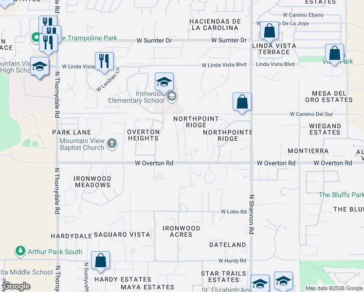 map of restaurants, bars, coffee shops, grocery stores, and more near 9251 North Moon View Place in Tucson