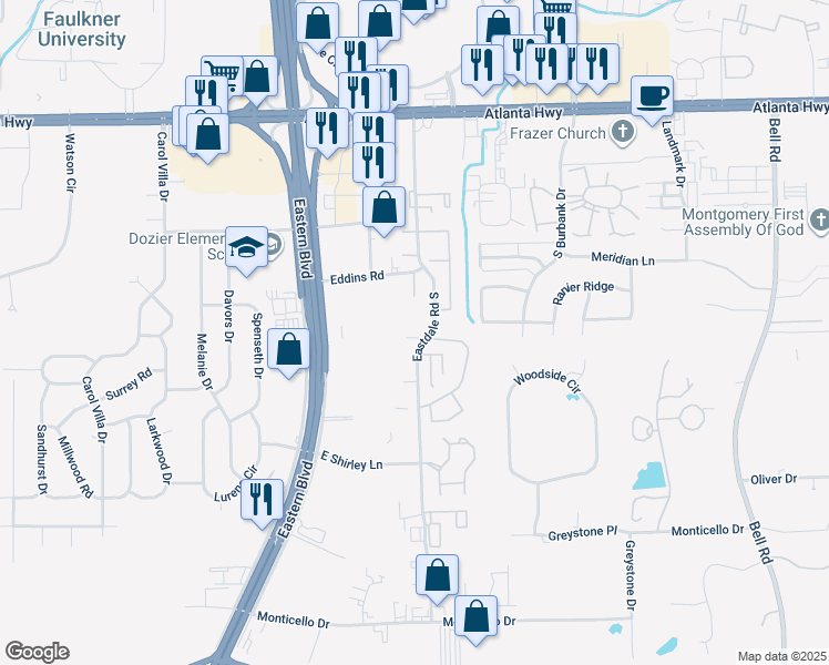 map of restaurants, bars, coffee shops, grocery stores, and more near 400 Eastdale Road South in Montgomery