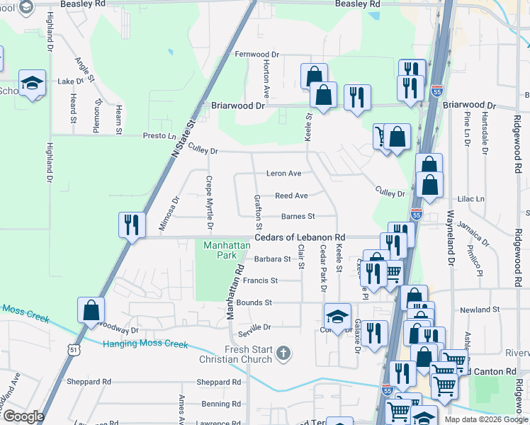 map of restaurants, bars, coffee shops, grocery stores, and more near 307 Barnes Street in Jackson