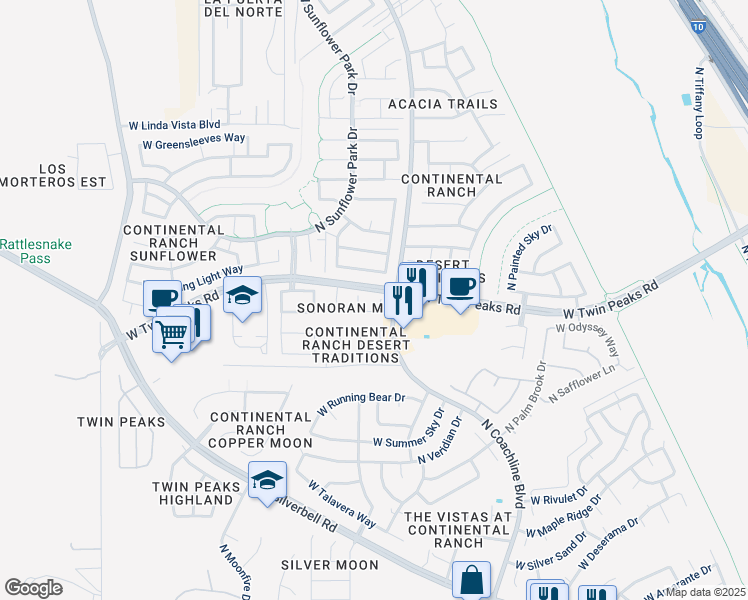 map of restaurants, bars, coffee shops, grocery stores, and more near 7628 West August Moon Place in Tucson