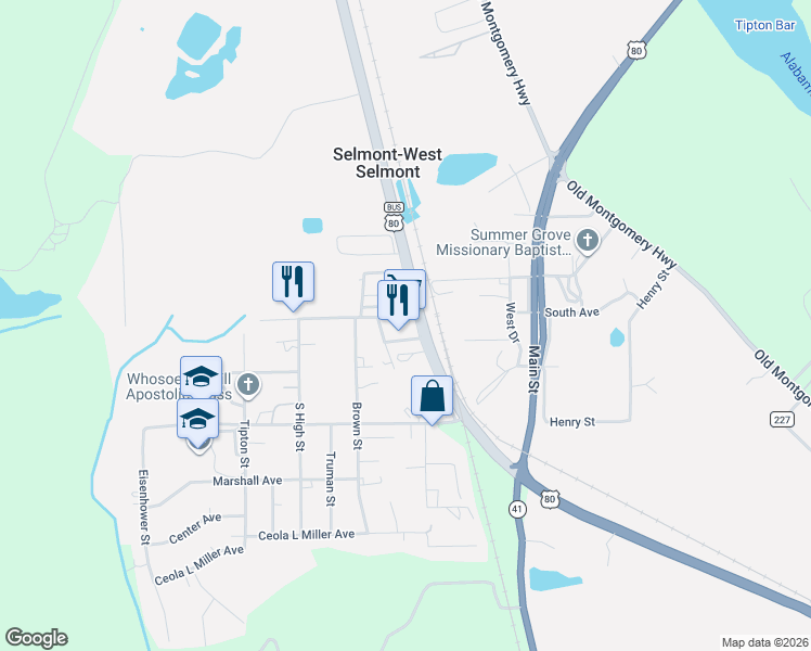 map of restaurants, bars, coffee shops, grocery stores, and more near 11-19 Frontier Avenue in Selma