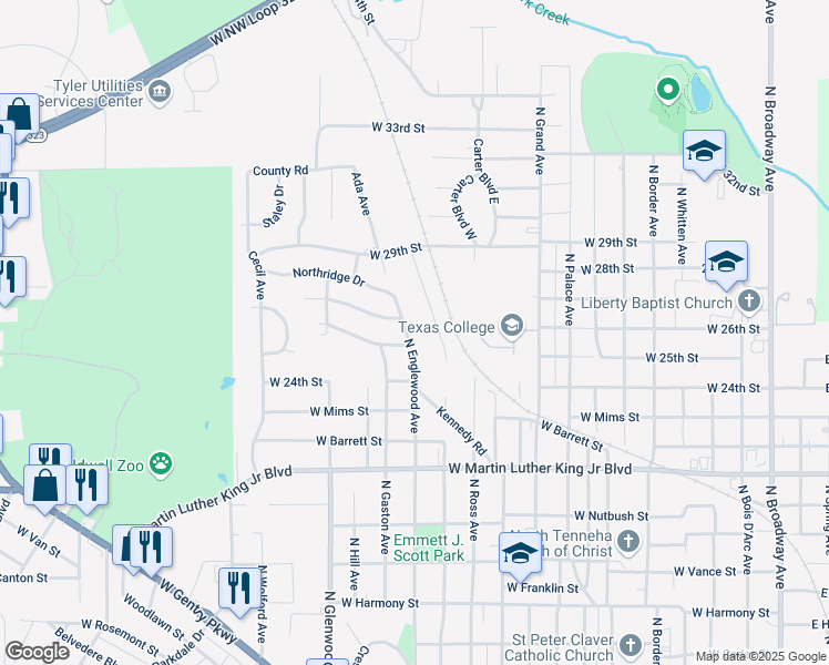 map of restaurants, bars, coffee shops, grocery stores, and more near 2335 North Englewood Avenue in Tyler