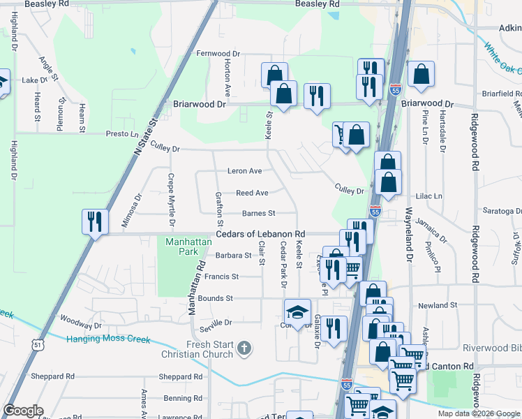 map of restaurants, bars, coffee shops, grocery stores, and more near 367 Barnes Street in Jackson