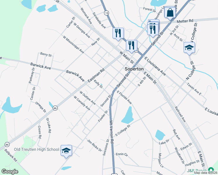 map of restaurants, bars, coffee shops, grocery stores, and more near 1616 Martin Luther King JR Drive in Soperton