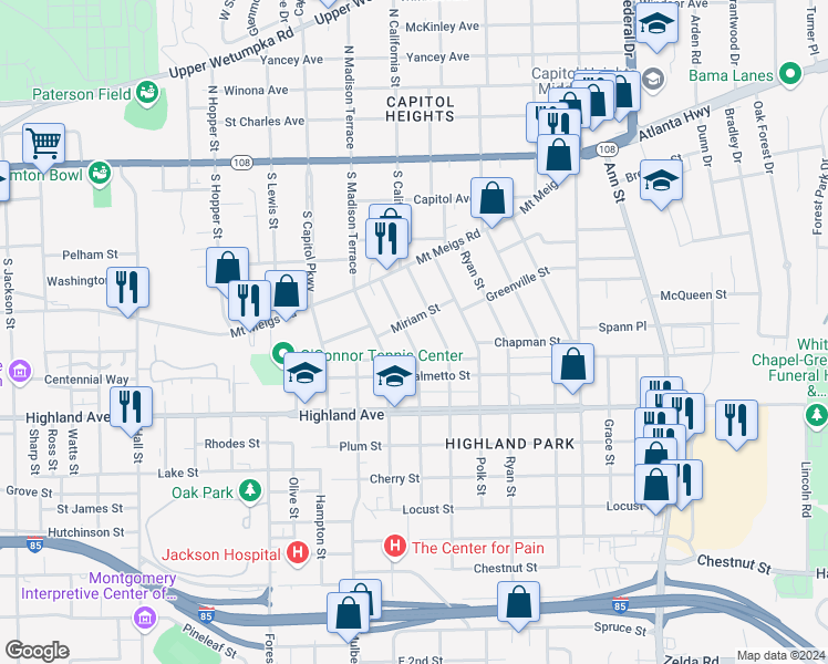 map of restaurants, bars, coffee shops, grocery stores, and more near 409 Arthur Street in Montgomery