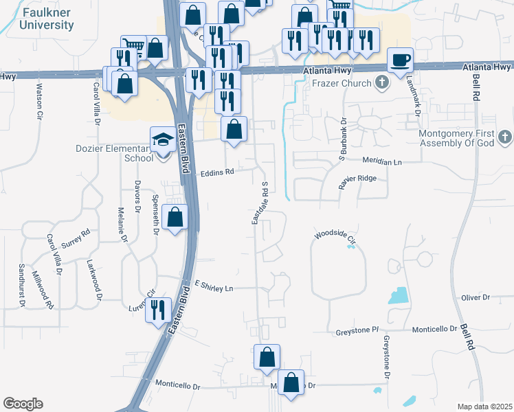 map of restaurants, bars, coffee shops, grocery stores, and more near 400 Eastdale Road South in Montgomery