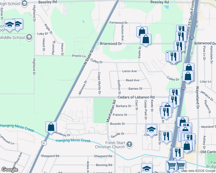 map of restaurants, bars, coffee shops, grocery stores, and more near 123 Chatham Circle in Jackson
