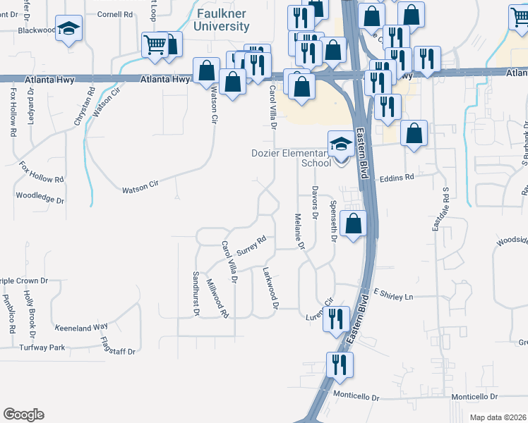 map of restaurants, bars, coffee shops, grocery stores, and more near 5427 Handel Drive in Montgomery