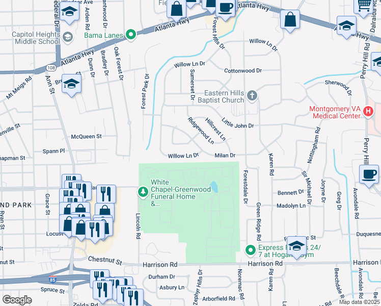 map of restaurants, bars, coffee shops, grocery stores, and more near 2909 Willow Lane Drive in Montgomery