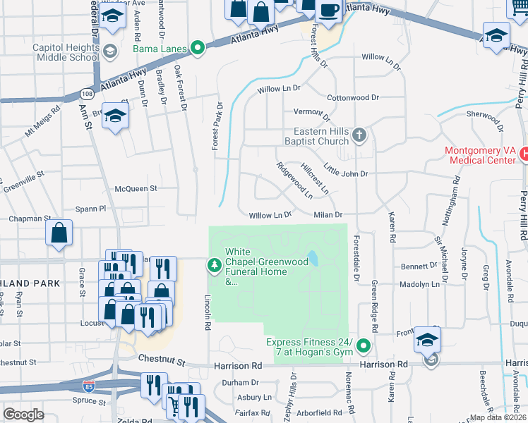 map of restaurants, bars, coffee shops, grocery stores, and more near 2933 Willow Lane Drive in Montgomery