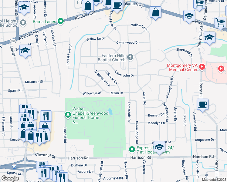 map of restaurants, bars, coffee shops, grocery stores, and more near 3225 Milan Drive in Montgomery