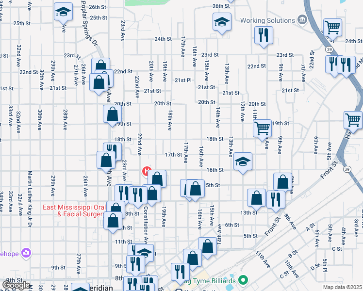 map of restaurants, bars, coffee shops, grocery stores, and more near 1700-1798 17th Street in Meridian