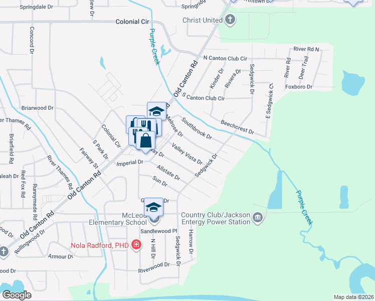 map of restaurants, bars, coffee shops, grocery stores, and more near 239 Valley Vista Drive in Jackson