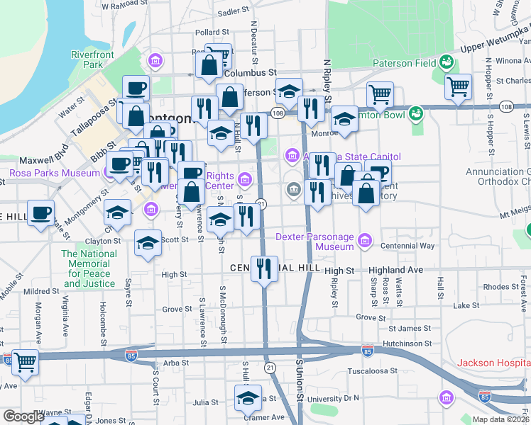 map of restaurants, bars, coffee shops, grocery stores, and more near in Montgomery