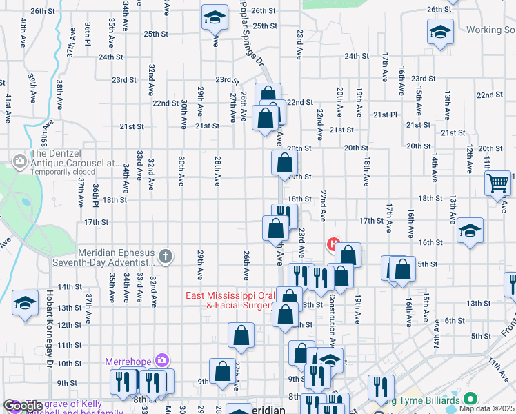 map of restaurants, bars, coffee shops, grocery stores, and more near 1701 25th Ave in Meridian