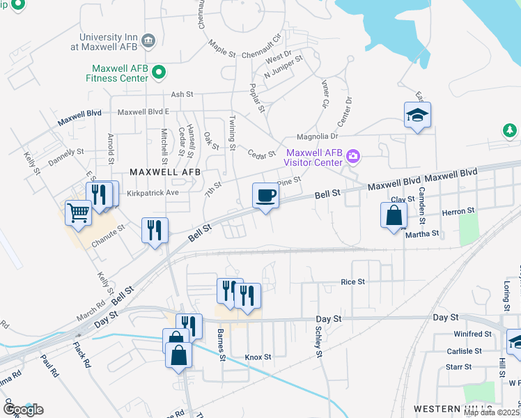 map of restaurants, bars, coffee shops, grocery stores, and more near Maxwell Boulevard in Montgomery