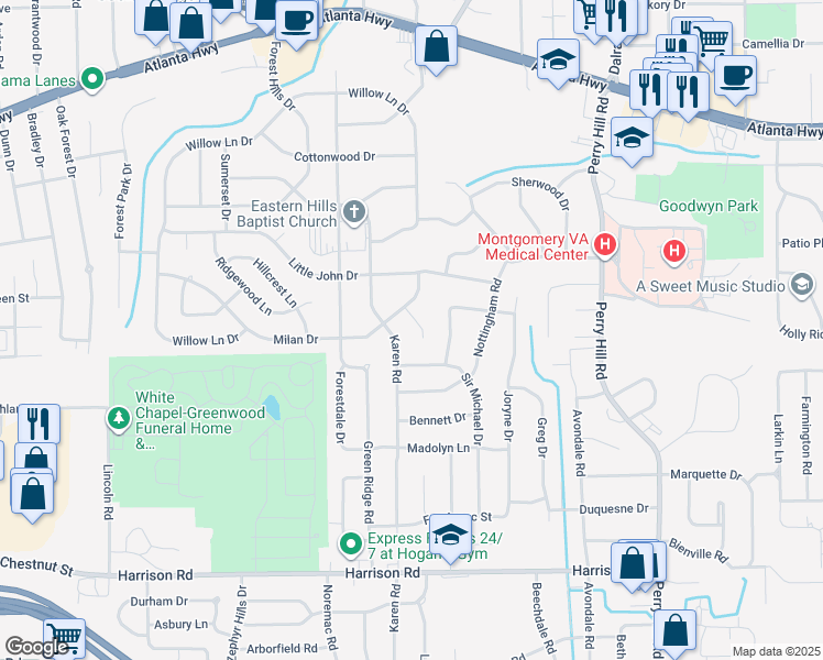 map of restaurants, bars, coffee shops, grocery stores, and more near 614 Milan Court in Montgomery