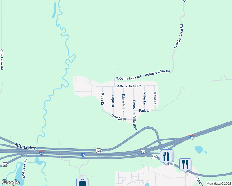map of restaurants, bars, coffee shops, grocery stores, and more near 125 Capri Drive in Montgomery