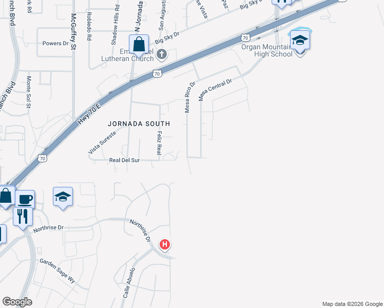 map of restaurants, bars, coffee shops, grocery stores, and more near 4521 Mesa Rico Drive in Las Cruces