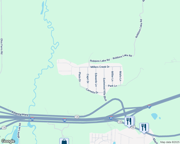 map of restaurants, bars, coffee shops, grocery stores, and more near 125 Capri Drive in Montgomery