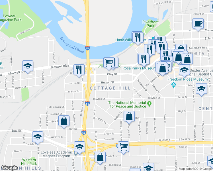 map of restaurants, bars, coffee shops, grocery stores, and more near 602 Martha Street in Montgomery