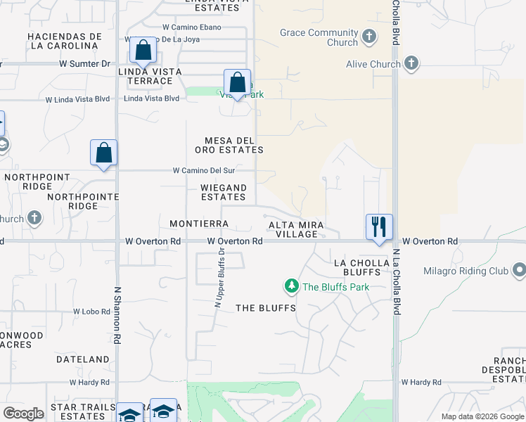 map of restaurants, bars, coffee shops, grocery stores, and more near 2471 West Catalpa Road in Tucson