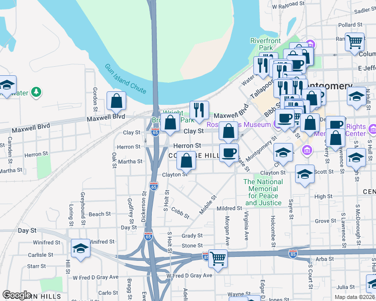 map of restaurants, bars, coffee shops, grocery stores, and more near 602 Martha Street in Montgomery