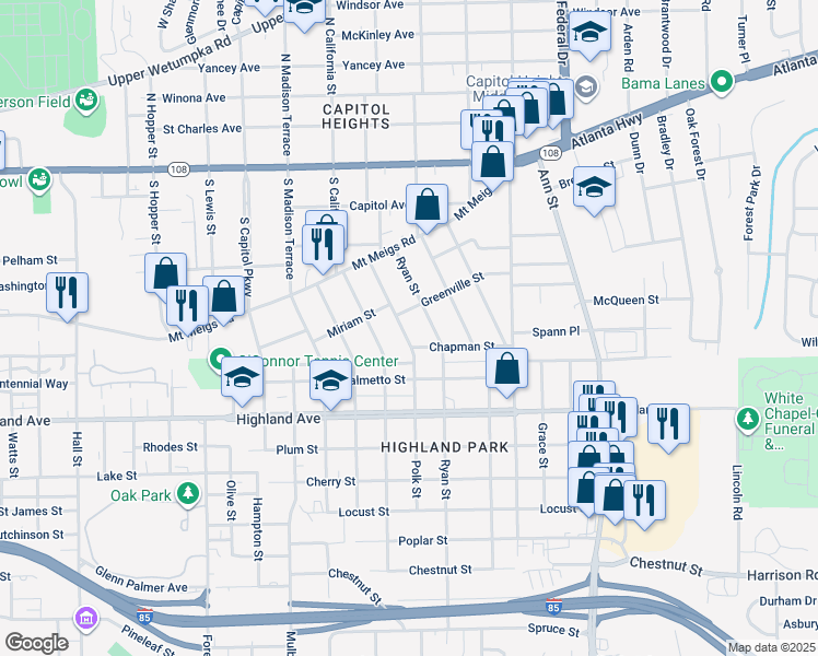 map of restaurants, bars, coffee shops, grocery stores, and more near 415 Polk Street in Montgomery