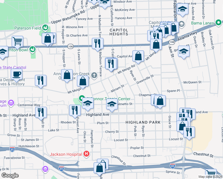 map of restaurants, bars, coffee shops, grocery stores, and more near 410 Arthur Street in Montgomery