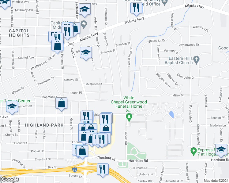 map of restaurants, bars, coffee shops, grocery stores, and more near 313 Bradley Drive in Montgomery