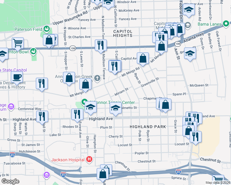 map of restaurants, bars, coffee shops, grocery stores, and more near 410 Arthur Street in Montgomery