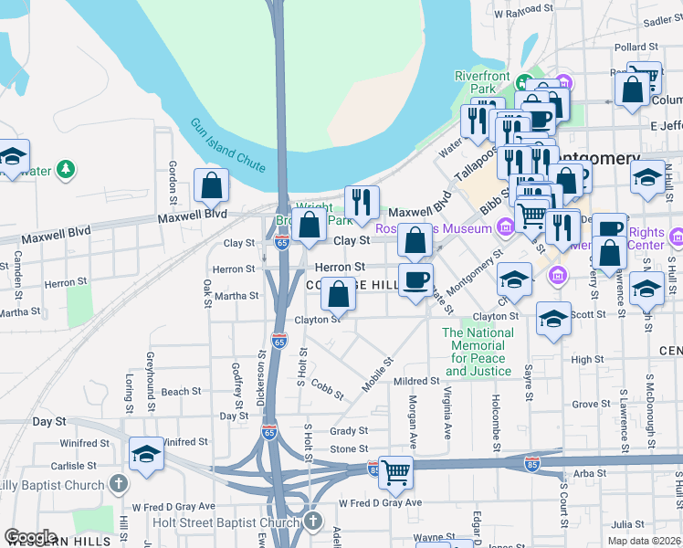 map of restaurants, bars, coffee shops, grocery stores, and more near 602 Martha Street in Montgomery