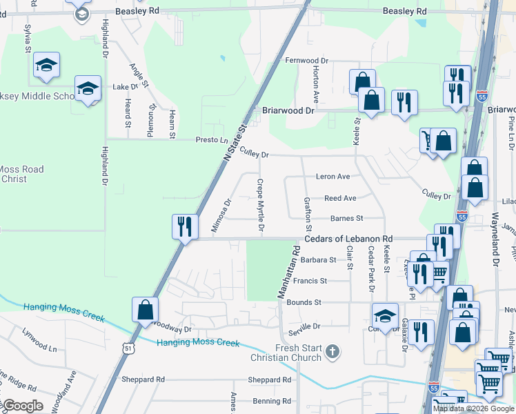 map of restaurants, bars, coffee shops, grocery stores, and more near 5424 Crepe Myrtle Drive in Jackson