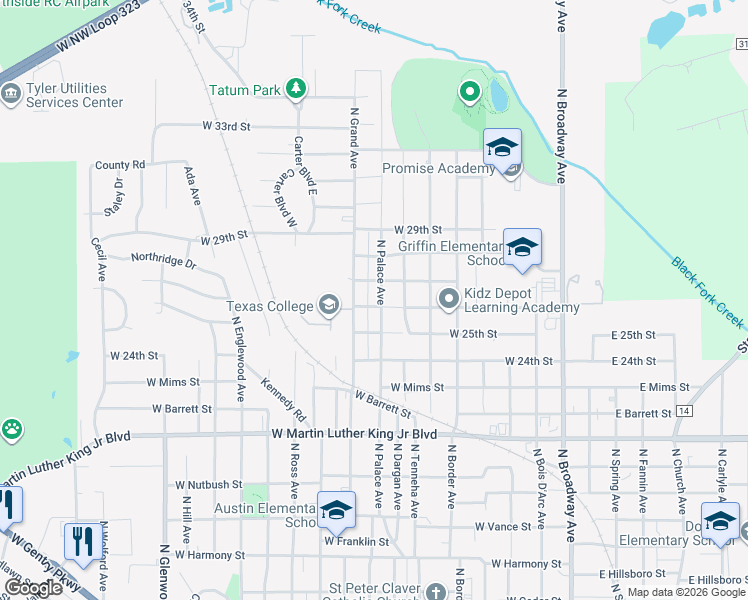 map of restaurants, bars, coffee shops, grocery stores, and more near 819 West 25th Street in Tyler