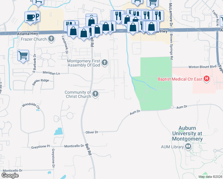 map of restaurants, bars, coffee shops, grocery stores, and more near 242 Charleston Court South in Montgomery