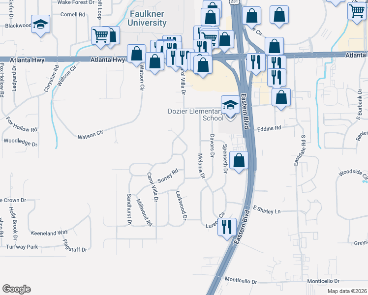 map of restaurants, bars, coffee shops, grocery stores, and more near 5427 Handel Drive in Montgomery