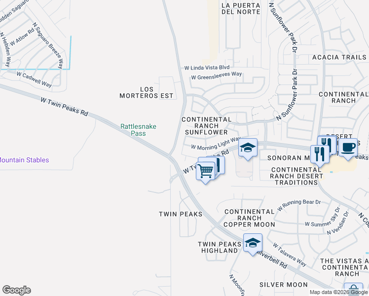 map of restaurants, bars, coffee shops, grocery stores, and more near 8149 West Morning Light Way in Tucson