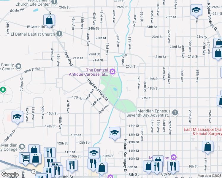 map of restaurants, bars, coffee shops, grocery stores, and more near 1720 Jimmie Rogers Memorial Drive in Meridian