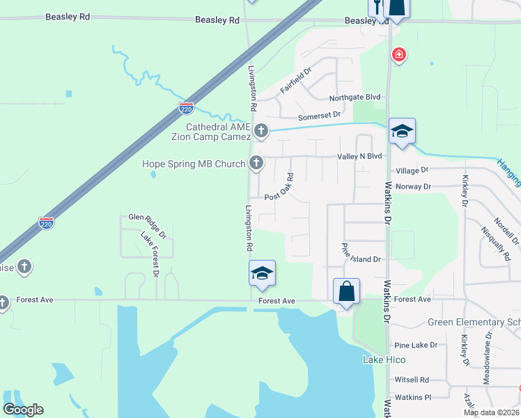 map of restaurants, bars, coffee shops, grocery stores, and more near 332 Post Oak Road in Jackson